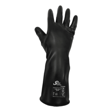 A single black rubber glove is presented upright, highlighting the brand AMPri Handelsgesellschaft mbH and the safety standards at the wrist. This AMPri SolidSafety ChemV Full Stable Brom-Butyl Chemical Protection Glove with Viton outer layer offers chemical resistance up to the forearm for robust protection and complies with PPE category III standards.