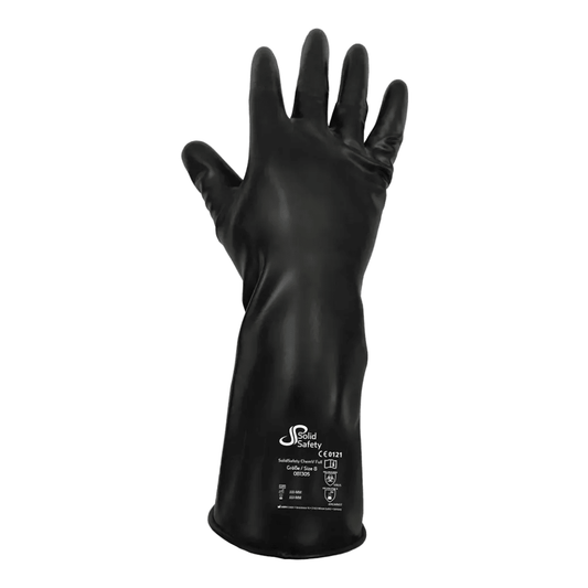 A single black rubber glove is presented upright, highlighting the brand AMPri Handelsgesellschaft mbH and the safety standards at the wrist. This AMPri SolidSafety ChemV Full Stable Brom-Butyl Chemical Protection Glove with Viton outer layer offers chemical resistance up to the forearm for robust protection and complies with PPE category III standards.