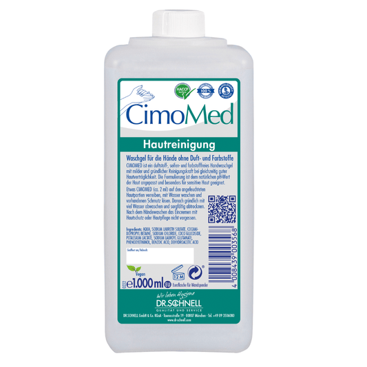A 1000 ml white plastic bottle Dr. Schnell CIMOMED hand wash gel, fragrance and dye-free, for skin cleansing by DR.SCHNELL GmbH & Co. KGaA, ideal for sensitive skin with blue/green label, QR code, certifications & German instructions.