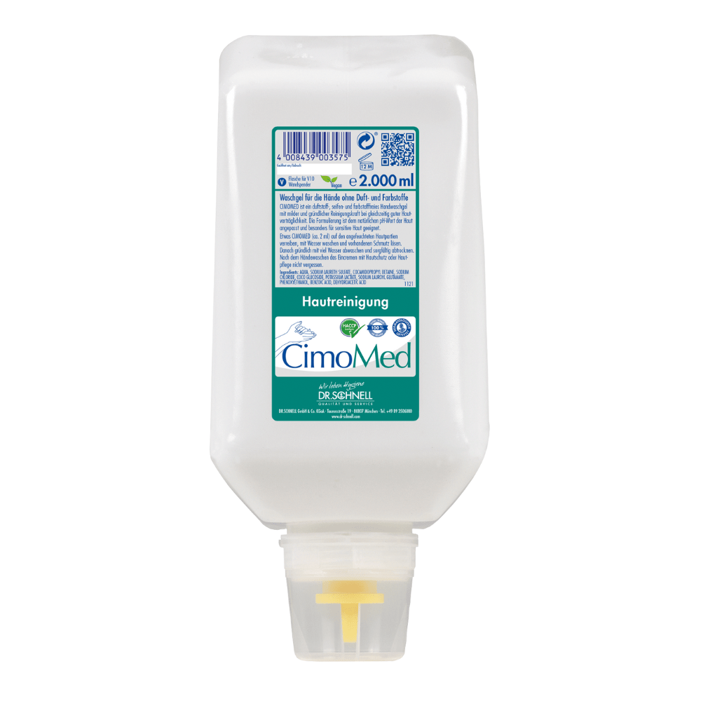 A 2000 ml white plastic bottle Dr. Schnell CIMOMED hand wash gel, fragrance and dye-free, for skin cleansing by DR.SCHNELL GmbH & Co. KGaA; with green-blue label and yellow nozzle - ideal for sensitive skin.