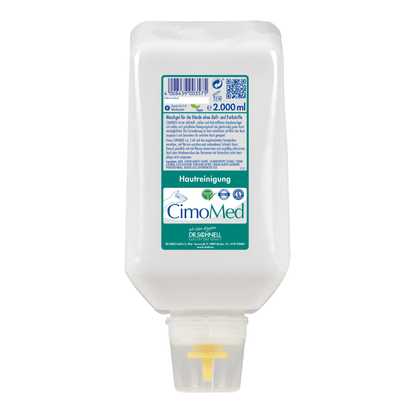 A 2000 ml white plastic bottle Dr. Schnell CIMOMED hand wash gel, fragrance and dye-free, for skin cleansing by DR.SCHNELL GmbH & Co. KGaA; with green-blue label and yellow nozzle - ideal for sensitive skin.
