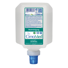 A white 1000ml bottle Dr. Schnell CIMOMED hand wash gel, fragrance and dye-free for skin cleansing by DR.SCHNELL GmbH & Co. KGaA, with blue dispenser cap and German label with ingredients and application instructions for sensitive skin.