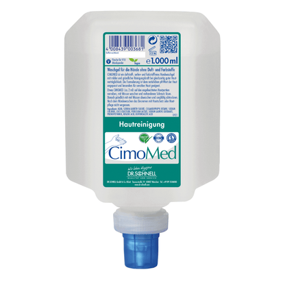 A white 1000ml bottle Dr. Schnell CIMOMED hand wash gel, fragrance and dye-free for skin cleansing by DR.SCHNELL GmbH & Co. KGaA, with blue dispenser cap and German label with ingredients and application instructions for sensitive skin.