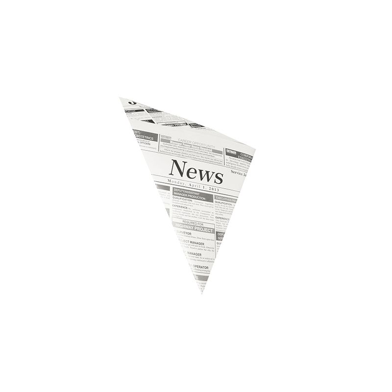 The cone bags parchment substitute from PAPSTAR GmbH are designed in a triangular “Newsprint” style with bold “News” print, reminiscent of classic newspaper cone bags. The remaining text consists of small, partially visible headlines on a plain white background, evoking the enjoyment of fries and snacks.