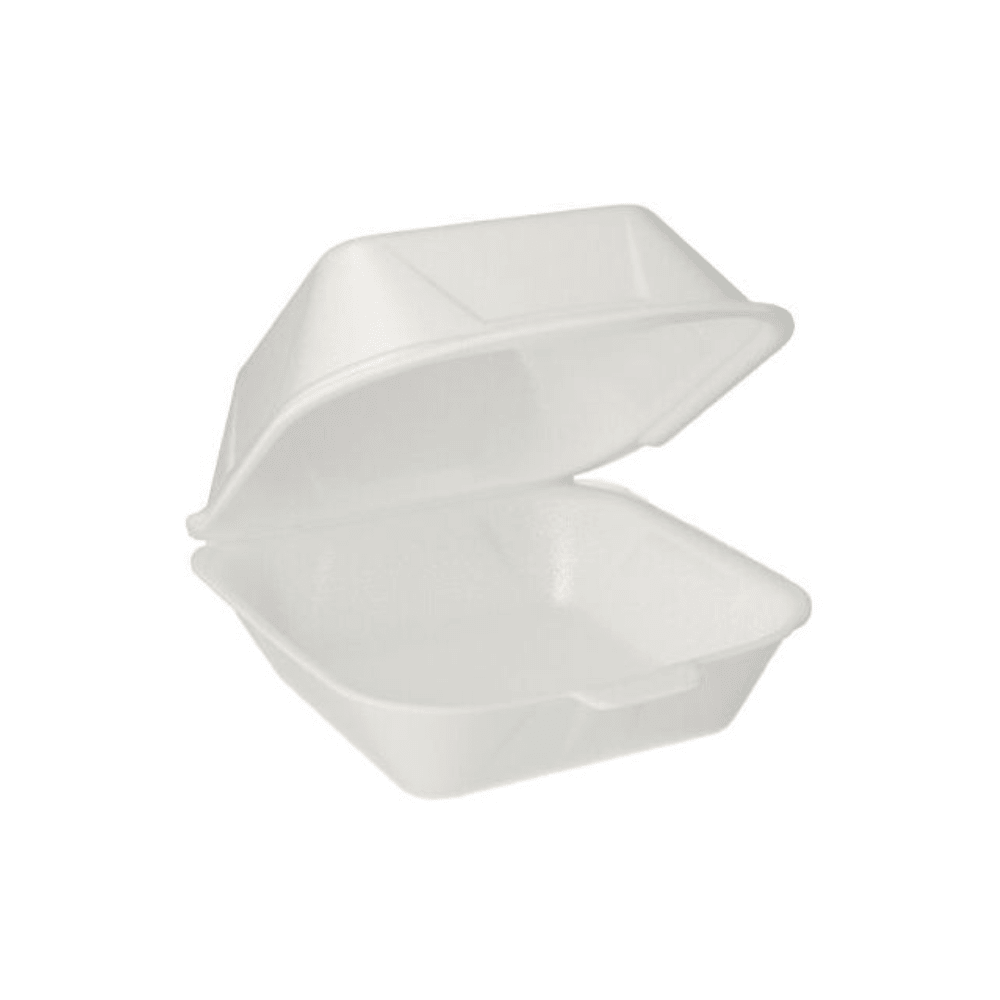 In front of a monochrome background, a Starpak burger box with a hinged lid made of XPS measuring 14.5 x 15.5 cm in white can be seen. The XPS material provides an insulating effect, while the empty box showcases its spacious interior.