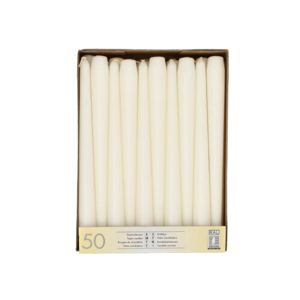 A box of 50 white taper candles from Starpak, neatly arranged in rows. The open box is labeled at the bottom, indicating the quantity and details in multiple languages and proudly bearing the RAL quality mark for quality assurance. These candles, known as "Starpak taper candles white Ø 2.2 cm · 25 cm," are packaged in a practical cardboard tray.
