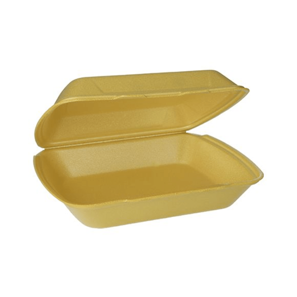 Starpak menu boxes XPS in yellow rectangular design made of polystyrene foam with a partially open hinged lid revealing the empty interior, with dimensions of 7.5 x 24.3 x 20.8 cm and available in packs of 100 pieces shrink-wrapped.