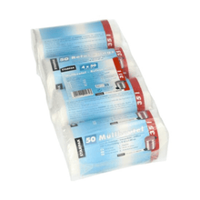 The product consists of four rolls with 35-liter garbage bags, each packaged in a transparent plastic sleeve. The label on each roll bears the text "Starpak" and "50 garbage bags," indicating that they are intended for home use.