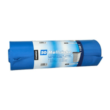 The Starpak 50 garbage bags, LDPE 120 l 110 cm x 70 cm, come in a sturdy blue-white packaging. These garbage bags from Starpak are made of LDPE and can hold up to 120 liters for reliable waste disposal.