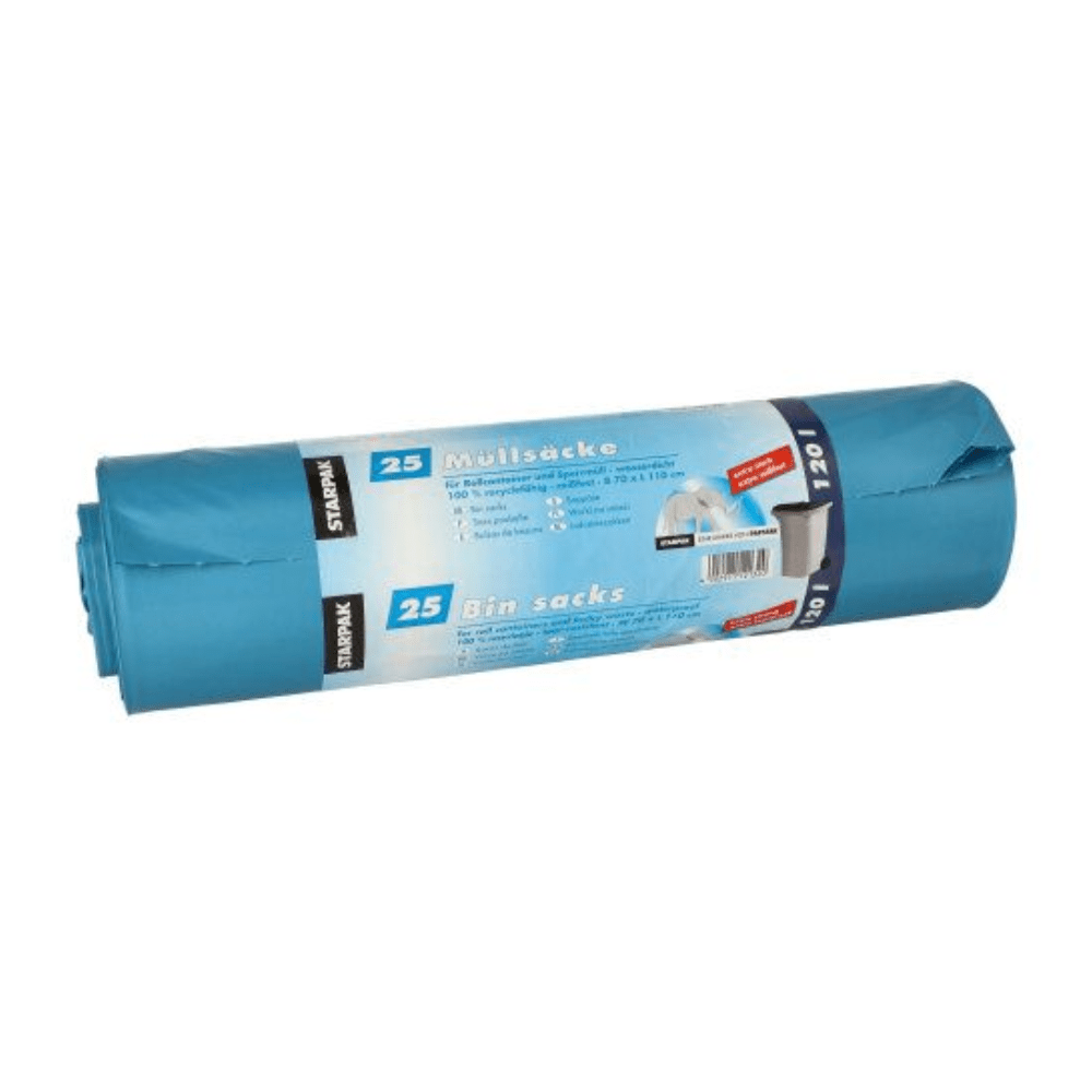 A roll of Starpak garbage bags, consisting of blue bags with a volume of 120 liters (H 110 x W 70 cm), wrapped in LDPE film with a band indicating that it is a pack of 25 pieces. The label shows images of a trash can and contains text in English and German.
