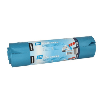 A roll of Starpak garbage bags, consisting of blue bags with a volume of 120 liters (H 110 x W 70 cm), wrapped in LDPE film with a band indicating that it is a pack of 25 pieces. The label shows images of a trash can and contains text in English and German.