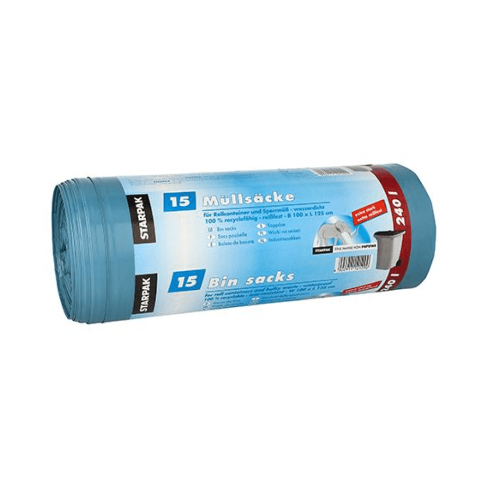 A roll of Starpak garbage bags 240 l H 125 x W 100 cm blue, equipped with a multilingual band with "Garbage bags 240 liters", "15 pieces" and "100% recycled plastic", is perfect for bulky waste disposal. Made from durable LDPE film, the brand name "Starpak" stands out.
