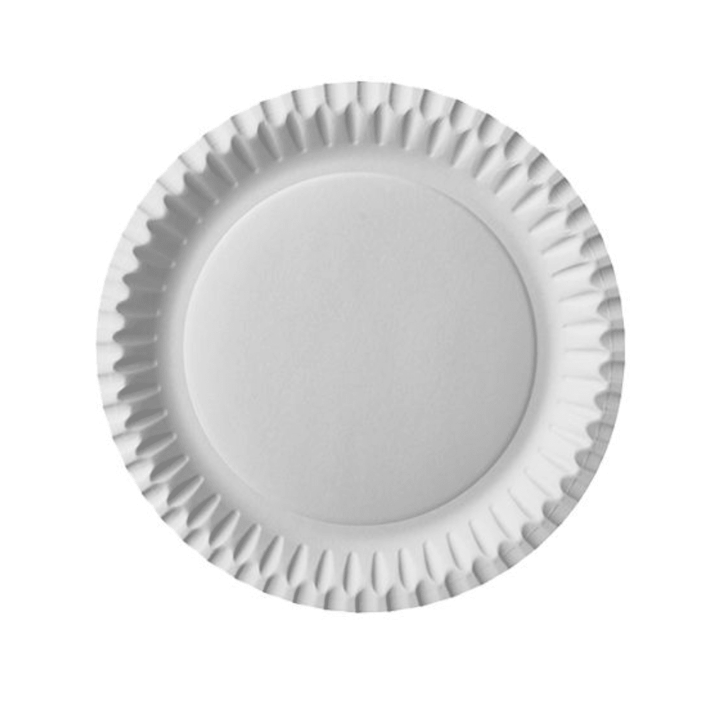 A simple, round Starpak 100 paper plate (white), 23 cm in diameter, with a slightly raised, wavy edge, viewed from above on a white background.