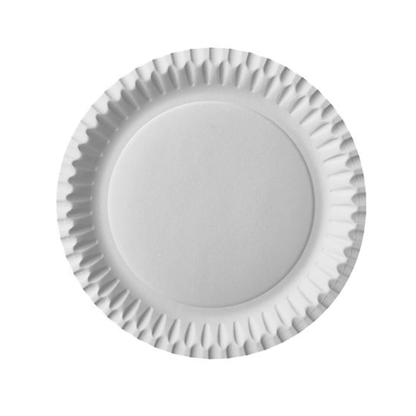 A simple, round Starpak 100 paper plate (white), 23 cm in diameter, with a slightly raised, wavy edge, viewed from above on a white background.