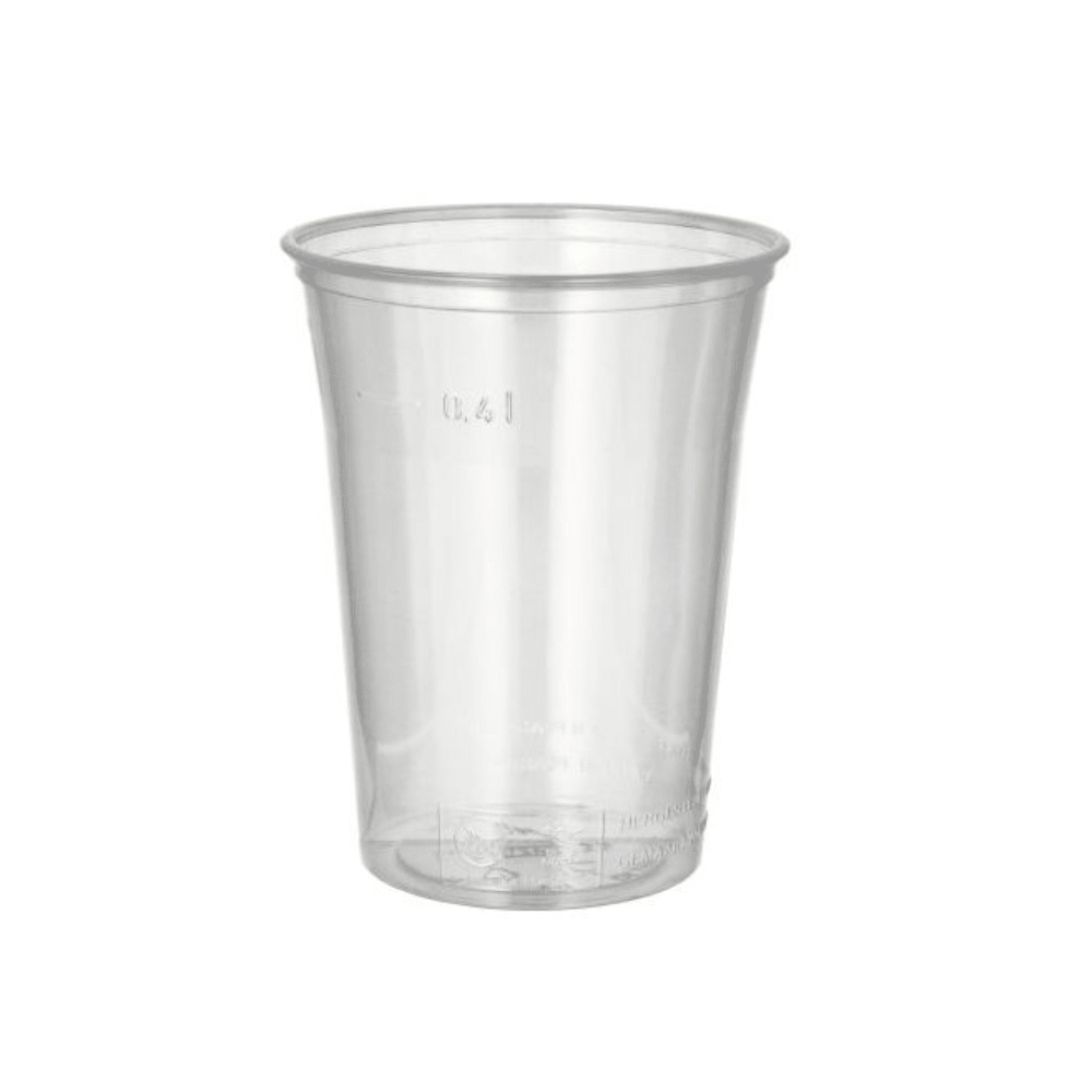 The Starpak 75 drinking cup, a clear PS cup with foam rim from Starpak, is depicted empty with a slightly flared rim against a solid white background.