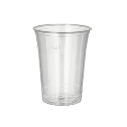 The Starpak 75 drinking cup, a clear PS cup with foam rim from Starpak, is depicted empty with a slightly flared rim against a solid white background.
