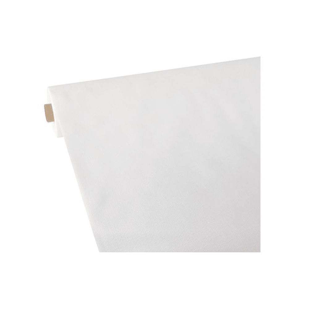 The Starpak fleece tablecloth white “soft selection plus” roll, wrapped in shrink film, with the dimensions 25 x 1.18 meters is partially unrolled, revealing its smooth texture. The edge of the roll is visible on the left side against a completely white background, creating a minimalist appearance.