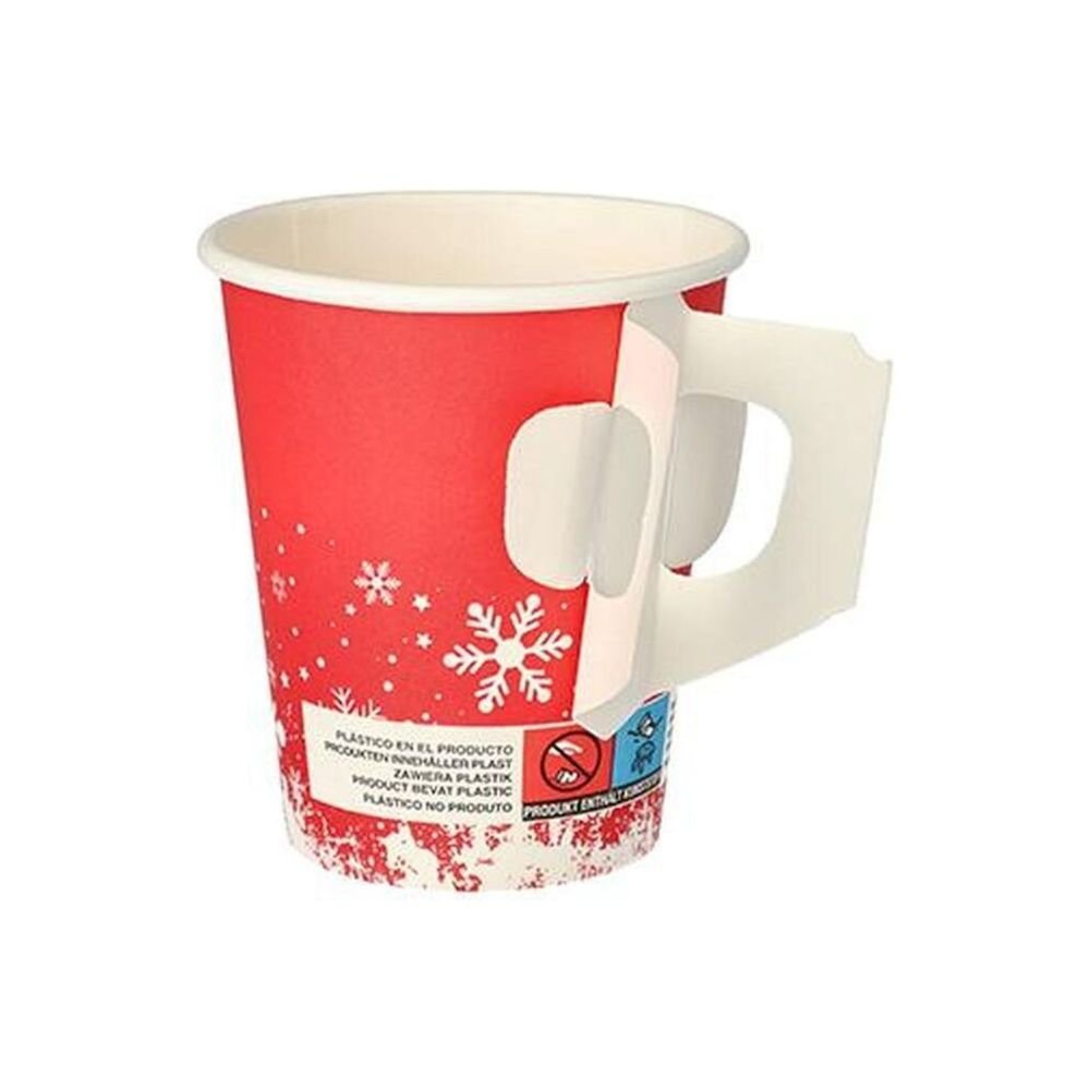 The Starpak 50 mug with handle "Winter Time" package includes red paper cups with white snowflake design and cardboard sleeves for easy handling, ideal for hot drinks. The winter design features snow-like elements, perfect against a plain background.
