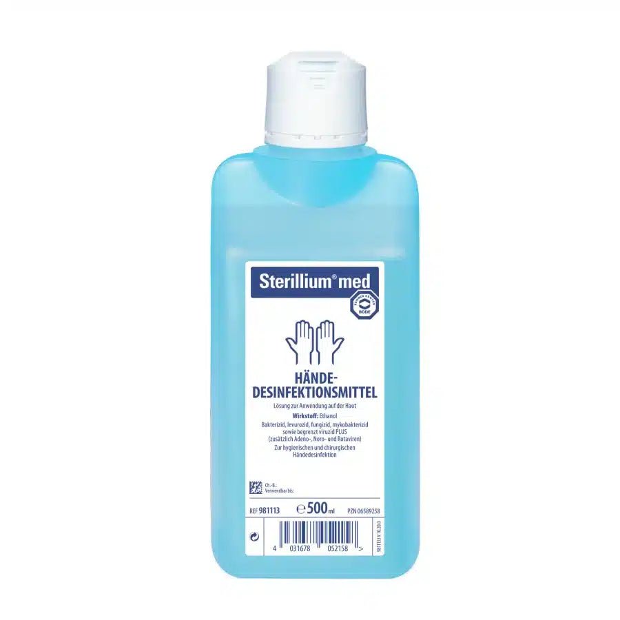 A bottle of Sterillium® med hand disinfectant with a flip-top cap and German label information. The label indicates its use as a 'hand disinfectant' and the bottle is manufactured by Paul Hartmann AG.