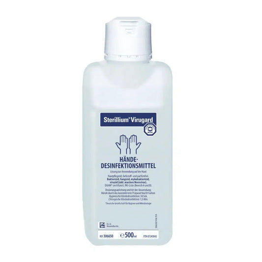 A bottle of BODE Sterillium® Virugard hand disinfectant with German labeling indicating that it is a bactericidal, fungicidal, and virucidal disinfectant from Paul Hartmann AG.