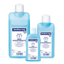 Three bottles of Sterillium® med hand disinfectant based on ethanol in different sizes with German labeling. The bottles are translucent blue with white caps and labels with medical symbols. The product is manufactured by Paul Hartmann AG.