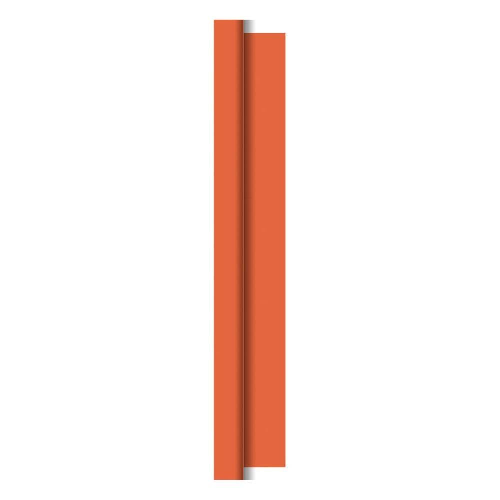 A vertical, rectangular orange bar with a central groove, reminiscent of the flexible Dunicel tablecloth rolls (1.18 m x 25 m) by Duni GmbH, against a plain white background.