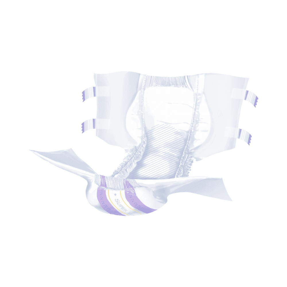 The Seni Optima Super incontinence pads with a waistband from TZMO Deutschland GmbH are shown opened with extended side tabs and feature a breathable waistband and a purple-yellow stripe design on a white background.