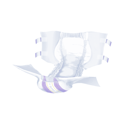 The Seni Optima Super incontinence pads with a waistband from TZMO Deutschland GmbH are shown opened with extended side tabs and feature a breathable waistband and a purple-yellow stripe design on a white background.