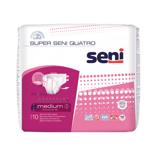 A pack of Super Seni Quatro incontinence briefs (medium) from TZMO Deutschland GmbH, with pink-white design, branding, and diaper illustrations on the front. Ideal for bladder weakness with reliable leakage protection.