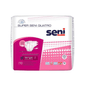A 10-pack of Super Seni Quatro incontinence briefs from TZMO Deutschland GmbH, size L with purple and pink accents. With 'Fit & Dry' leakage protection, ideal for bladder weakness. Various quality symbols on the packaging.