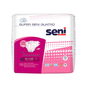 A 10-pack of Super Seni Quatro incontinence briefs from TZMO Deutschland GmbH, size S, features a pink-white design with product information and symbols for leakage protection and important features, suitable for bladder weakness.