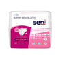 A pack of TZMO Deutschland GmbH Super Seni Quatro incontinence briefs for adults with bladder weakness, extra large size, with leakage protection and packaging in pink, white, and blue.
