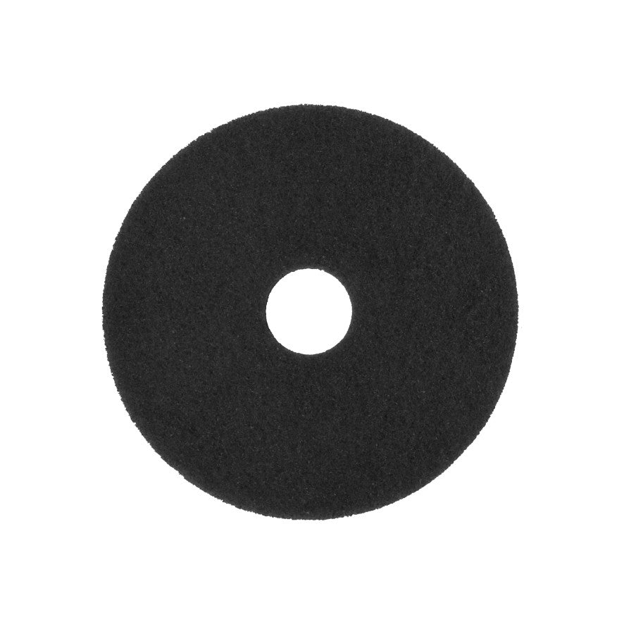 A black, circular Arcora Superpad Black cleaning pad from Arcora International GmbH for wet basic cleaning on insensitive coverings, with a center hole, depicted on a white background.