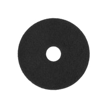 A black, circular Arcora Superpad Black cleaning pad from Arcora International GmbH for wet basic cleaning on insensitive coverings, with a center hole, depicted on a white background.