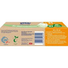 Packaging for Swirl organic waste film bags with carrying handle 35 l tear-resistant & sealed across | roll (6 bags) from Melitta Europa GmbH & Co. KG with product information, application tips, compostability logos, German warnings, in green/brown design.