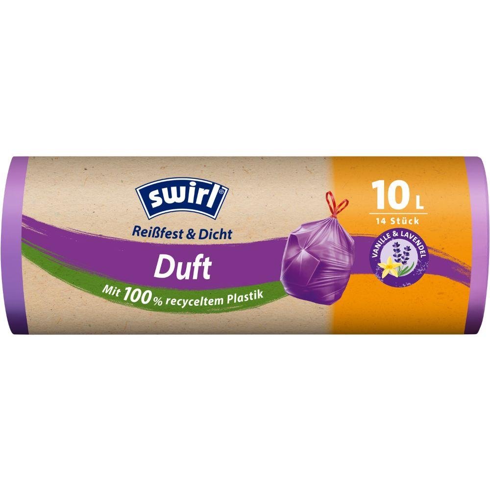 A roll of Swirl scented garbage bags Vanilla-Lavender 10l (14 bags) by Melitta Europa GmbH & Co. KG made from 100% recycled plastic with a vanilla-lavender scent and lavender blossom design.