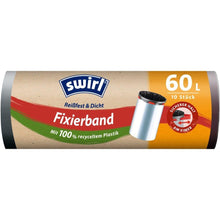 A roll of Swirl fixing band garbage bags 60 l tear-resistant & sealed from Melitta Europa GmbH & Co. KG contains 10 bags made of 100% recycled plastic, with elastic fixing bands in brown, red, and orange packaging and garbage bag motif.