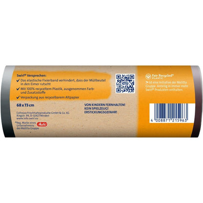 A roll of Swirl fixing band garbage bags 60 l tear-resistant & sealed (10 bags) from Melitta Europa GmbH & Co. KG features a light brown German label, is made of 100% recycled plastic, and has an elastic fixing band for secure closure.
