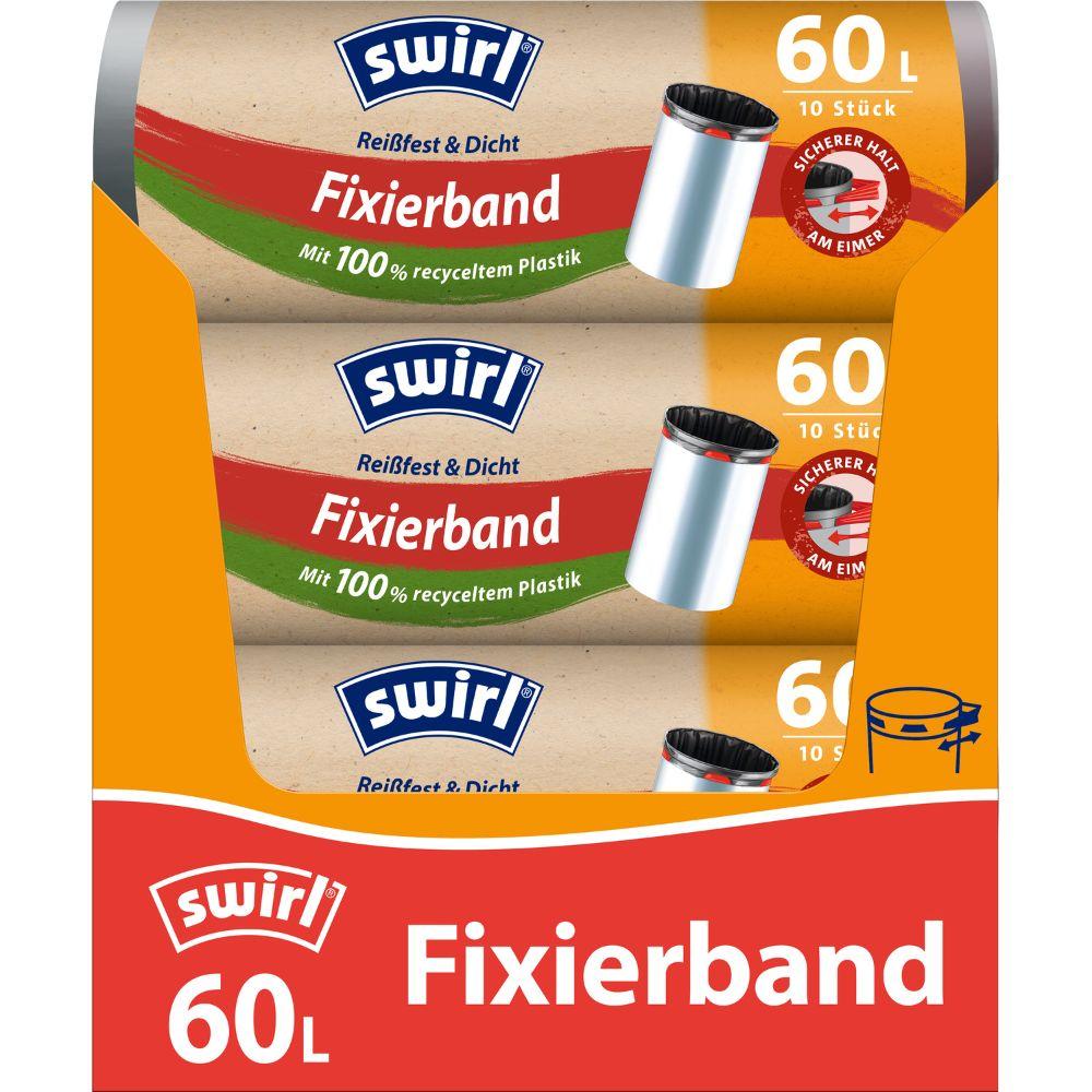 Three rolls of Swirl fixing band garbage bags 60 l tear-resistant & sealed from Melitta Europa GmbH & Co. KG (each roll with 10 bags) are delivered in a reddish-orange box with German details and a garbage bin motif, made of 100% recycled plastic.