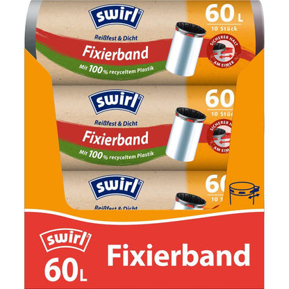 Three rolls of Swirl fixing band garbage bags 60 l tear-resistant & sealed from Melitta Europa GmbH & Co. KG (each roll with 10 bags) are delivered in a reddish-orange box with German details and a garbage bin motif, made of 100% recycled plastic.