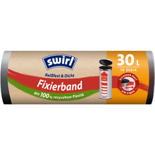 Pictured is a roll of Swirl fixing tape garbage bags XL 30 l extra long by Melitta Europa GmbH & Co. KG in its packaging with the print 30 liters capacity, made of 100% recycled plastic and containing 10 bags.