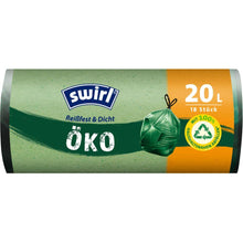 A roll of Swirl eco garbage bags with drawstring 20l tear-resistant & leak-proof from Melitta Europa GmbH & Co. KG contains 18 environmentally friendly garbage bags in green and orange packaging with recycling symbol, made from recycled plastic.
