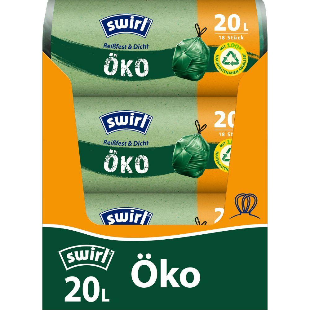 A roll of Swirl eco garbage bags with drawstring 20 l from Melitta Europa GmbH & Co. KG contains 18 tear-resistant, leak-proof bags with drawstring closure and environmentally friendly properties, made from recycled plastic and marked with a green seal.