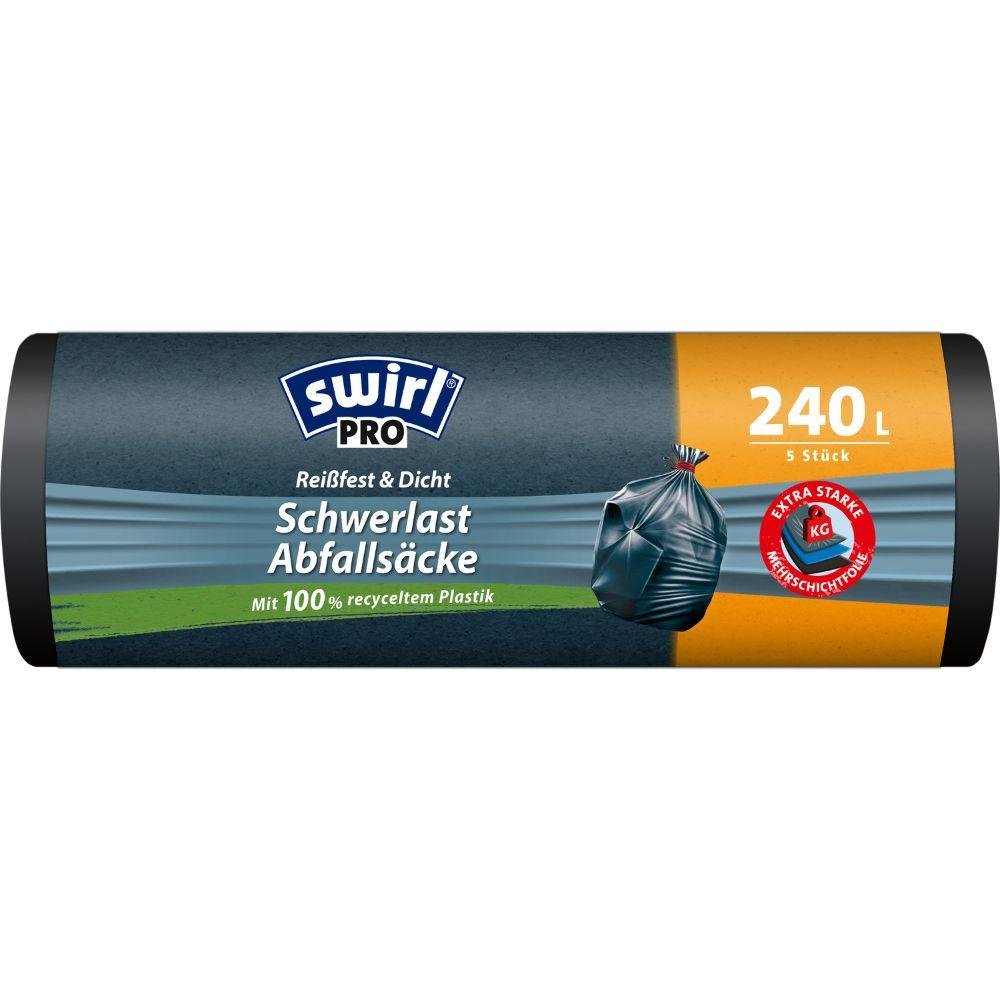 A roll of Swirl heavy-duty bags Profi with drawstring (240l, 5 tear-resistant bags) from Melitta Europa GmbH & Co. KG, made from 100% recycled plastic, German labeling, with bound bag image on the packaging.