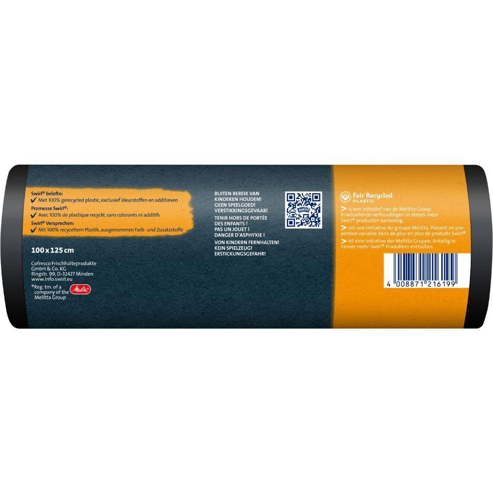 A roll of Swirl heavy-duty bags Profi with drawstring (240 l, 5 bags) from Melitta Europa GmbH & Co. KG, made from 100% recycled plastic, with Dutch/German label (100 x 125 cm), recycling symbols, barcode, QR code and 'tear-resistant'.