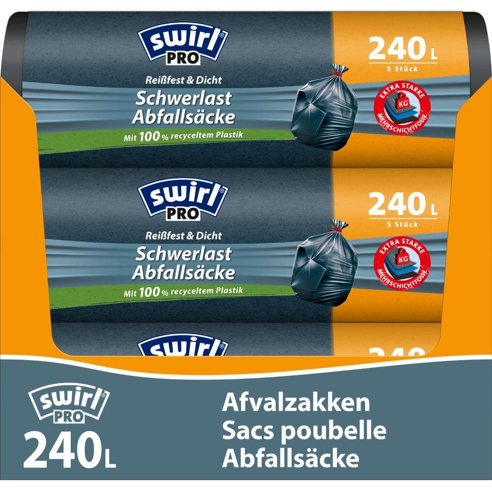 Two rolls of Swirl heavy-duty bags Profi with drawstring 240 l (5 bags, tear-resistant & leak-proof) from Melitta Europa GmbH & Co. KG, in orange and blue packaging with multilingual labels and recycled plastic.