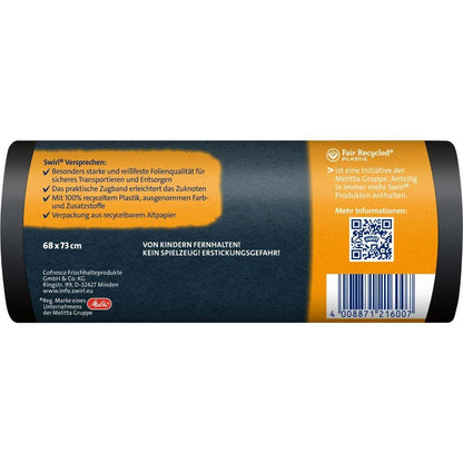 A label in German for the Swirl heavy-duty bags Profi with drawstring 60 l (12 bags) by Melitta Europa GmbH & Co. KG shows features like extremely tear-resistant 100% recycled plastic, recycling information, child warnings, size 68x73 cm, and a barcode on black.