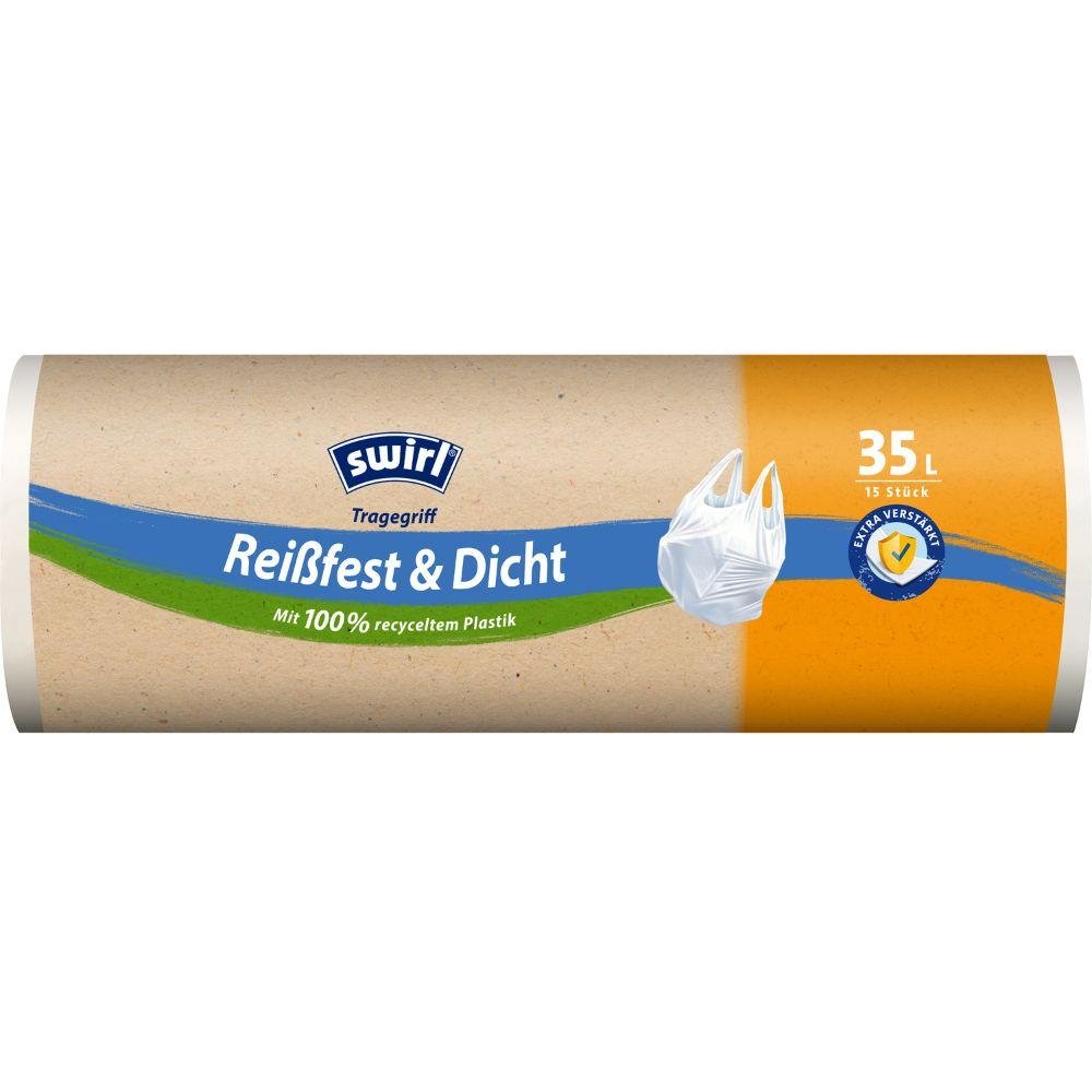 The Swirl carrying handle garbage bag 35 l Tear-resistant & Leak-proof (15 bags/roll) from Melitta Europa GmbH & Co. KG is delivered in an environmentally friendly packaging made of 100% recycled plastic for sustainable waste disposal.