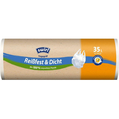 The Swirl carrying handle garbage bag 35 l Tear-resistant & Leak-proof (15 bags/roll) from Melitta Europa GmbH & Co. KG is delivered in an environmentally friendly packaging made of 100% recycled plastic for sustainable waste disposal.