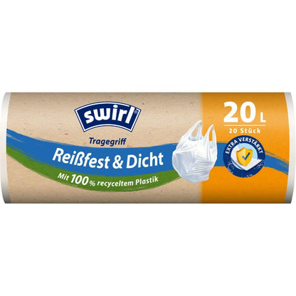 A roll of Melitta Europa GmbH & Co. KG Swirl carry handle garbage bags 20 l tear-resistant & leak-proof, 20 bags per pack, made of 100% recycled plastic and features a white garbage bag image on the packaging highlighted as "environmentally friendly".